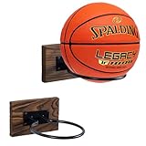 MyGift Wall-Mounted Sport Ball Rack Display Holder - Solid Brown Wood and Metal Hanging Gym Basketball Football Volleyball Soccer Ball Equipment Storage, Set of 2