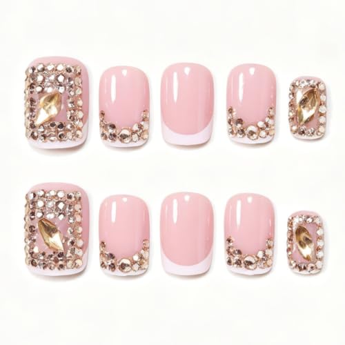 Image of White French Tip Press on Nails Short Nails Gold Rhinestone Nails Press ons