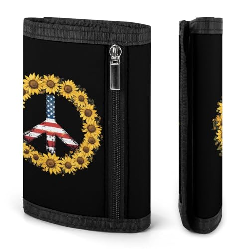 Sunflower U.S. Flag Peace Sign Trifold Men's Wallets with 8 Card Holders Slim Purse Outdoor Money Clip3