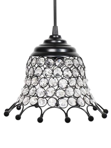 Image of Modern Crystal Pendant Light for Bedroom & Living Room | Decorative Hanging Ceiling Lamp | Warm White Ambient Light | Black Metal Frame Chandelier (Royal Victorian Bell)