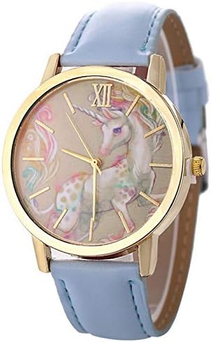 HomimArtificial Leather Strap Simple Dial Quartz Watch Cartoon Colorful Unicorn Print for Teen Students