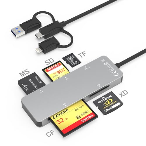 Adaptador Memory Stick Pro Duo para iPhone   Lector de Tarjetas 6 en 1 SD/TF/M2/CF/MS/XD con Lightning+USB C+USB A, Adaptador Multi Puerto de Aluminio para Tarjeta Micro SD/SDHC/XD Picture