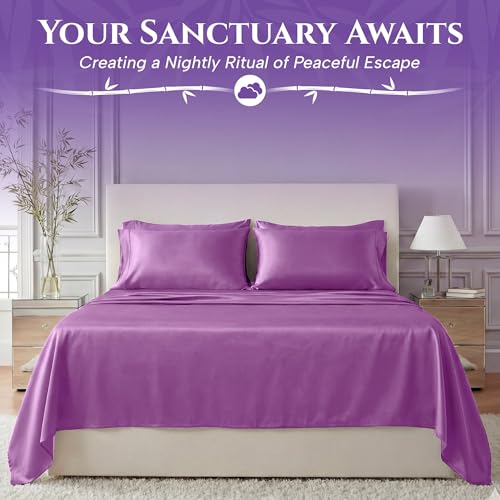 SLEEP SANCTUARY 100% Viscose Derived from Bamboo Sheets King Size 6pcs – BamBliss Luxury Cooling Sheets for Hot Sleepers - Cloud Soft, 17" Deep Pocket, Ultra Durable Bed Set (Purple) — view 4