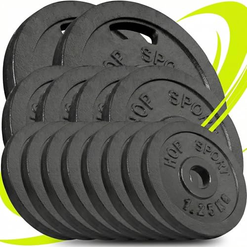 Hop-Sport Gusseisen Hantelscheiben Set 30 kg, 31 mm, ideal für Standard 30mm Langhantelstangen, Robuste Gewichtsscheiben für Fitness- und Krafttraining (8x1.25kg, 4x2.5kg, 2x5kg)
