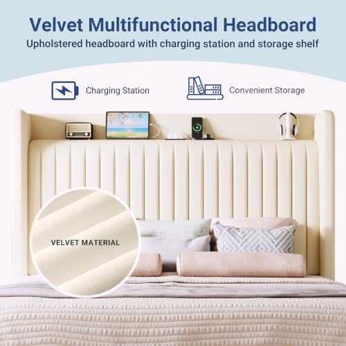 Image of Allewie King Size Platform Bed Frame with USB Charging Station and Storage Shelf /Upholstered Velvet Wingback Headboard /Wooden Slats Support /No Box Spring Needed /Easy Assembly, Cream