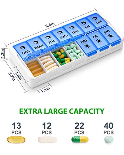 Image of Weekly Pill Organizer 7 Day 2 Times a Day Extra Large, Quick Fill 2020 Fullicon AM PM XL Daily Pill Cases Pill Box with Detachable Base - White /Blue (Patent Registered) (Pack of 2)