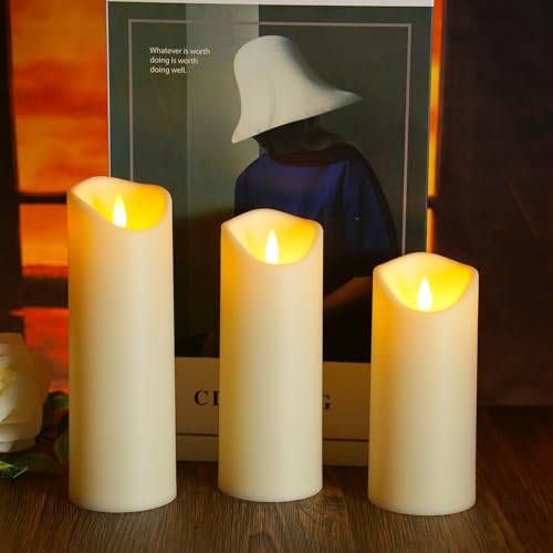 Image of kakoya Flickering Flameless Candles, Battery Operated Acrylic LED Pillar Candles with Remote Control and Timer,Set of 9 (Ivory)