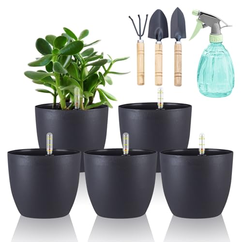 DENUOTOP Macetero de autoriego, maceta con sistema de riego, maceta con indicador de agua, color negro, juego de 5 unidades de 15 cm, maceta hidropónica para plantas de interior y exteriores
