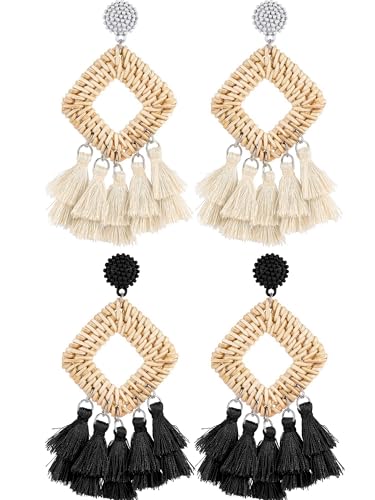 meekoo 2 Pairs Rattan Tassel Earrings for Women Bohemian Woven Earrings Summer Beach Jewelry Gifts(Black and White)