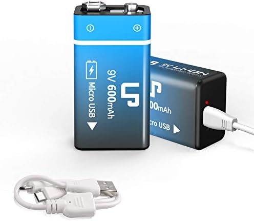 LP 9V Rechargeable Battery Pack, 2-Pack 600mAh Li-ion 9 Volt USB Battery with Micro USB Charging Port for Alarms, Wireless Microphones, Smoke Detectors, Toys, Flashlights, Guitar, Keyboard & More