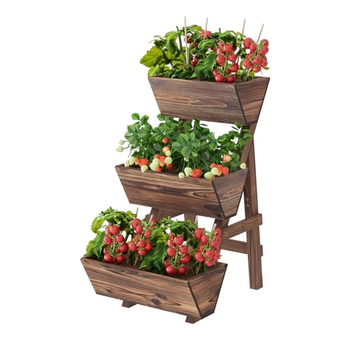 PULIJIAJU 3-Tier Wooden Vertical Raised Garden Bed with Legs, Tiered Planter Box, Vertical Garden Planter,Wood Plant Stand Wood Flower Rack for Patio, Balcony, Freestanding. (Carbonized-Small)