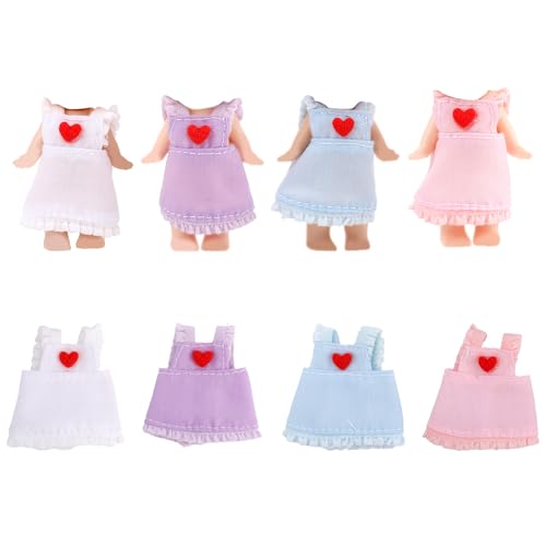 4 ensembles vêtements poupées 3 po, 4 couleurs, jupe motif cœur