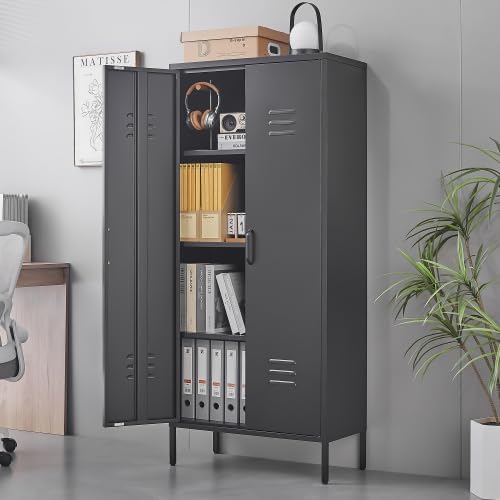 Metal Storage Cabinet with 2 Doors and Adjustable Shelves, Tall Metal Locker Multipurpose Freestanding Organizer for Bedroom, Bathroom, Home Office