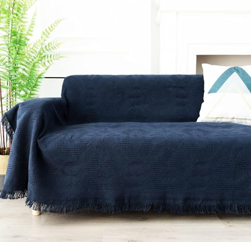 HomeFirst マルチカバー 北欧風 ソファカバー 肘付き 肘なし リバーシブル ソファーカバー ブランケット フリンジ付き 綿 ベッドカバー 保護カバー 防塵 キズ防止 汚れ防止 洗える 四季通用 180 180cm ダークブルー