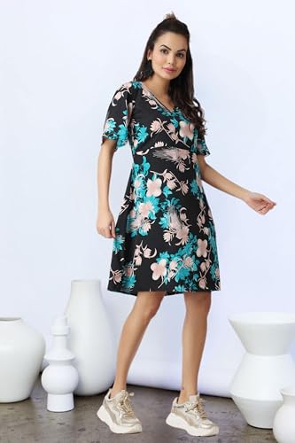 Image of POPWI1NGS Casual Printed V-Neck Short Sleeves Knee-Length Fit and Flare Dress for Women || Frokc-Style Summer Wear Dresses for Women || Loose-Fit Comfortable Women Dress for Regular Wear