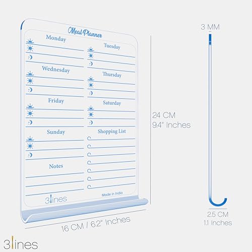 Image of 3 Lines ClearBite Acrylic Magnetic Meal Planner Board | Sleek & Durable | Includes Marker & Duster | 24x16 CM | Perfect for Meal Planning, Shopping Lists, Notes | Ideal for Home, Office | Cardamom