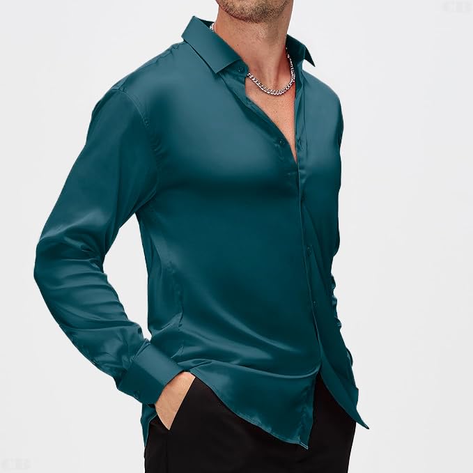 Image of CB-COLEBROOK Mens Stylish Solid Silk Satin Casual Dress Shirts for Men Shiny Long Sleeve Button Down Shirt Party Prom Wedding Shirt for Mens