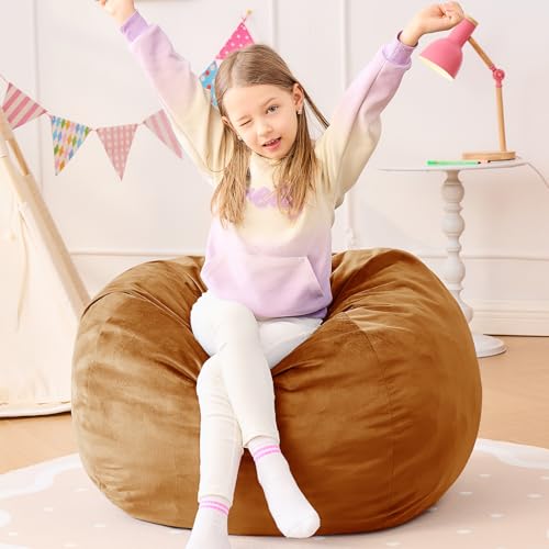 Image of Bean Bag Chairs for Kids - 2.5FT Round Memory Foam Furniture BeanBag Chair - Kids /Teens Bean Bag Sofa with Soft Micro Fiber Cover - Fluffy Couch for Playroom Living Room Bedroom, Golden Brown