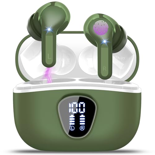 Wireless Earbuds Bluetooth 5.3 Headphones, 40H Playback HiFi Stereo Ear Buds with LED Display, ENC Noise Cancelling Earbuds, IP7 Waterproof in-Ear Earphone for iOS Andriod Sport/Workout/Running/Green