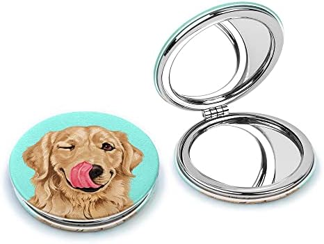 WIRESTER Round Foldable PU Leather Compact Pocket Purse Makeup Mirror, Dual Sided Travel Mirror with 2X 1x Magnification - Cute Winking Golden Retriever Dog