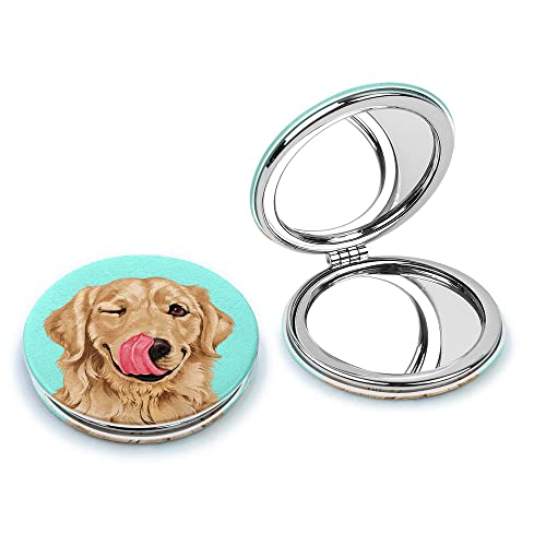 Wirester Round Foldable Pu Leather Compact Pocket Purse Makeup Mirror, Dual Sided Travel Mirror With 2X 1X Magnification - Cute Winking Golden Retriever Dog #TOP2