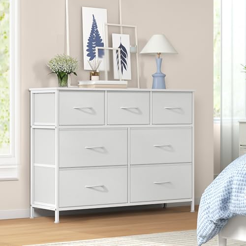 SONGMICS Chest of Drawers Storage Unit Steel for Bedroom Closet Hallway Living Room 7 Drawers Modern Cloud White and Snow White BELLAH Collection LGS323WH01