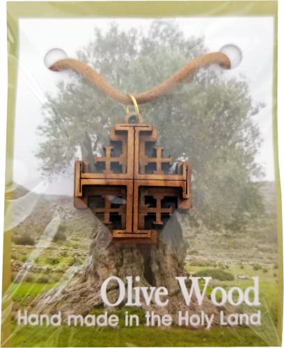 3D Jerusalem Cross, Wooden Cross Necklace for Men & Women, Certified Holy Land Olive Wood Orthodox Pendant Necklace from Bethlehem Israel, Christian & Catholic Religious Keepsake Gift3