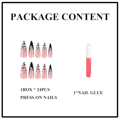 MERVF Long Stiletto Press on Nails Black French Tip Fake Nails Leopard Glue ons with Glitter Lines Design Almond Acrylic Goth Gyaru False Nail for Women Glossy 24pcs