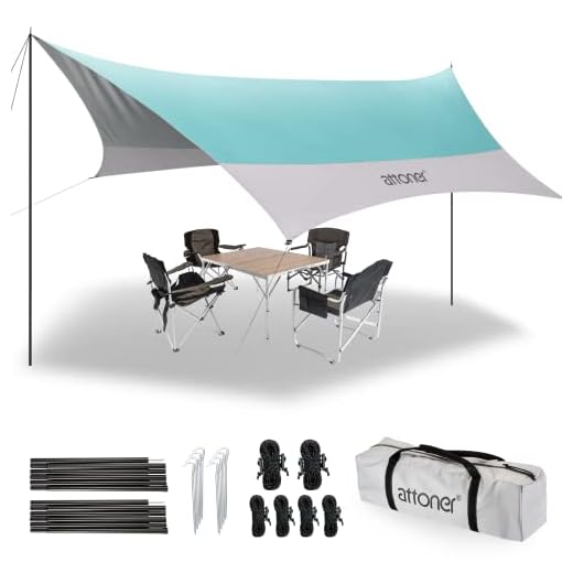 ATTONER 12X14FT Tarp with 2 Poles, UV UPF50+, PU3000 Waterproof Camping Tarp, Lightweight Car Awning Sun Shelter for Camping, Hiking and Backpacking Trips