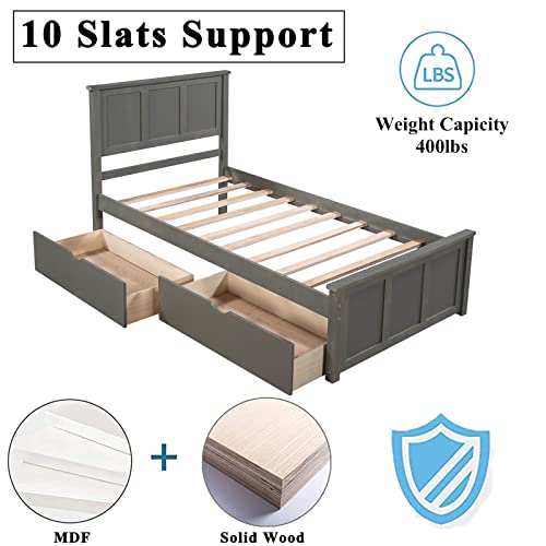 Harper & Bright Designs Twin Bed Frame With Drawers, Kids Platform Twin Bed With Storage, Solid Wood, No Box Spring Needed (Grey (Drawers)) #TOP3