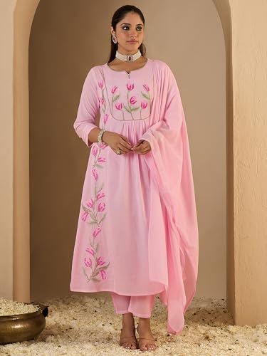 Image of INDO ERA Women's Pure Cotton Floral Embroidered A-Line Kurta & Pant With Dupatta Set (IEBGC11750)