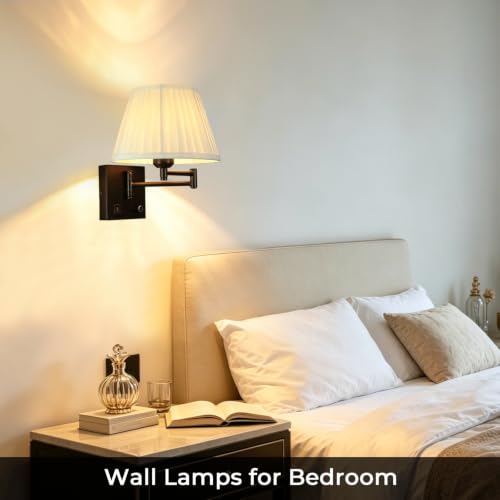 Image of Wall Lamps for Living Room Bedroom Reading Light, Bulb Included | Wall Sconce with USB C+A Charging Ports, Adjustable Swing Arm 270, Adjustable Color Temperature, White Fabric Cone lampshade