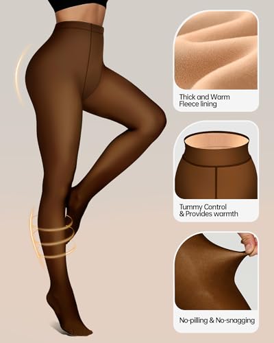 Image of OEAK Womens Fleece Lined Tights Fake Translucent Pantyhose Thermal Opaque High Waisted Winter Legging Footed Sheer Tights 220g Fake Translucent Honey L /XL