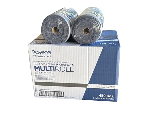 Cuatrogasa Caja de 6 Rollos Bayetas Precortadas Microfibra 100% - 75 Unidades por Rollo, Azul o Gris, Multiusos,Reutilizables (Gris)