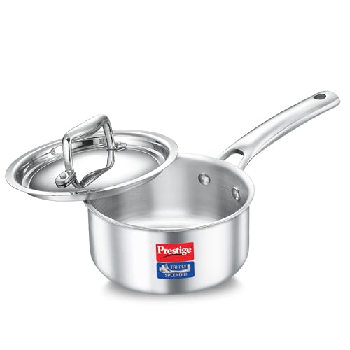 Prestige 14cm/1.1L Tri-Ply Stainless Steel Splendid Sauce Pan with Lid|Gas and Induction Compatible|Even Heat Distribution| Thick Gauge Tri-Ply Body|15 Year Warranty