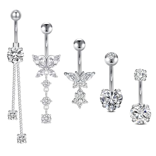 Incaton 14G Belly Button Rings Stainless Steel Dangling Butterfly Heart Diamond Belly Rings Dangle Navel Piercing Jewelry For Women Silver