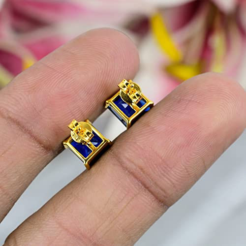 Blue Sapphire Gemstone Earrings For Men 925 Sterling Silver Ear Cuff Stud For Male Designer's Men's Jewelry (Yellow Gold Plated, 2 Piece) #TOP4