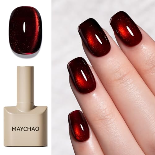 MAYCHAO 15ML Dark Cherry Red Cat Eye Gel Nail Polish 1Pc Cherry Bomb Cat Eye Gel Polish Soak off Holographic Magnetic Nail Polish for Nail Art Manicure Salon DIY at Home, 0.5 OZ