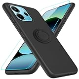 Compatible for Xiaomi Redmi Note 14 4G (Not 5G) Phone Case with Glass Screen Protector, 360° Rotatable Ring Holder Kickstand/ Stand Silicone TPU Protective Cover Case for Redmi Note 14 4G 2025 - Black
