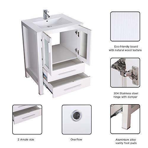 Eclife 24" Bathroom Vanity Sink Combo With Overflow White Drop In Ceramic Sink Top & White Mdf Modern Bathroom Cabinet & Chrome Solid Brass Faucet And Pop Up Drain With Mirror （A08B03W） #TOP3