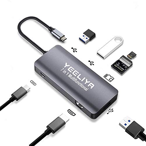 USB C Hub 7-in-1 Multiport-Adapter mit HDMI-Anschluss, 3 USB 3.0-Anschlüsse, 100 W USB-C PD Ladeanschluss und SD/TF Dockingstation für MacBook Pro/Air und andere USB-C Laptops Cover