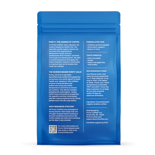 Purity Coffee CALM Decaf Ground Coffee - Natural Water Decaffeinated Coffee - USDA Organic and Third-Party Tested for Antioxidants, Mold, Mycotoxins and Pesticides - 12oz (Purity Calm, medium_roast) | Ground| CALM