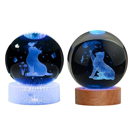 Image of 2 Pcs 3D Laser-Engraved Crystal Cat Ball Lamp with Wooden Base, USB Powered Hand & Cat RGB Night Light, A Unique Crystal Lamp for Your Home & Office Or Decorative Showpiece & Gift
