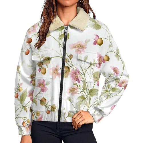 Chaqueta de peluche para mujer con estampado floral de acuarela y cremallera