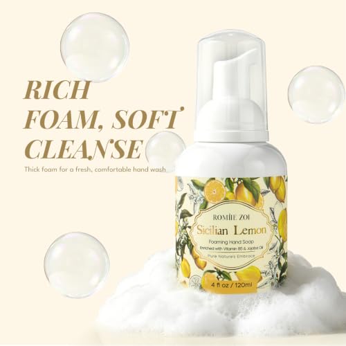 Image of ROMIIE ZOI Foaming Hand Soap, Sicilian Lemon Scent, 4 fl oz Travel Size | Natural SLS-Free Formula, Gentle Moisturizing, Rich Creamy Foam, w / Compact Refillable Dispenser