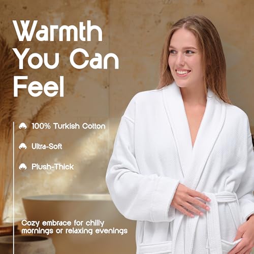 White Classic Waffle Bathrobe for Women, Men, 100% Turkish Cotton, Luxury Terry Interior, Waffle Exterior, One Size Fits Most3