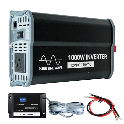 Image of 1000W Pure Sine Wave Inverter, 12V DC to 110V AC Converter, Surge 2000W, Power Inverter with AC Output Socket, LCD Display, 16.4FT Remote Controller for RV, Truck, Camping, Emergency Power