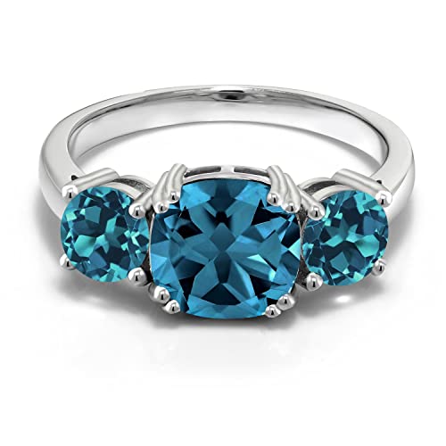 Gem Stone King 925 Sterling Silver London Blue Topaz 3 Stone Engagement Ring For Women (3.74 Cttw, Gemstone November Birthstone, Cushion 8MM, Available in Size 5,6,7,8,9)2