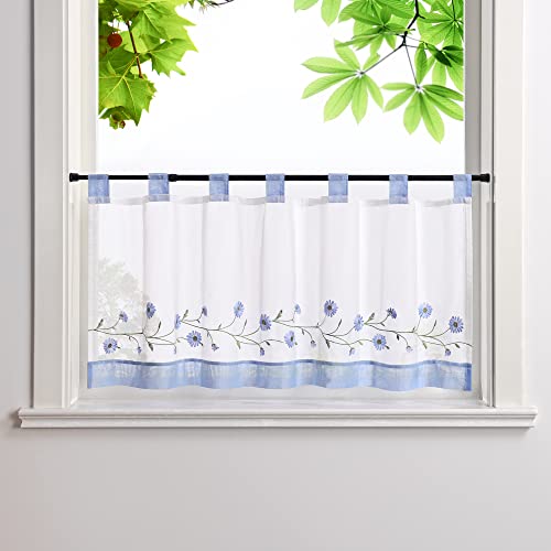 Heichkell Embroidered Net Curtain Voile Short Curtains with Loops Pastoral Kitchen Curtains Country House Style Bistro Curtain Blue W x H 90 x 45 cm