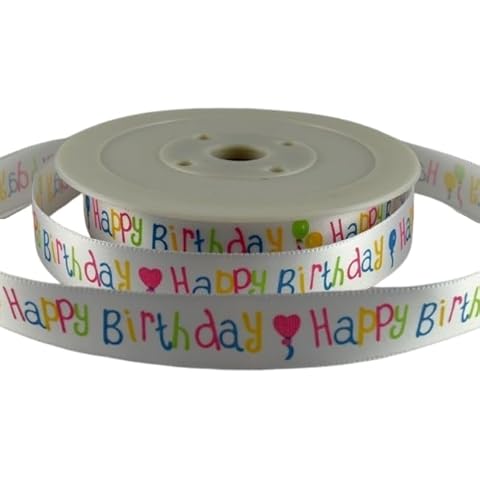 Happy Birthday Satin Ribbon - White with Colourful Print Cover